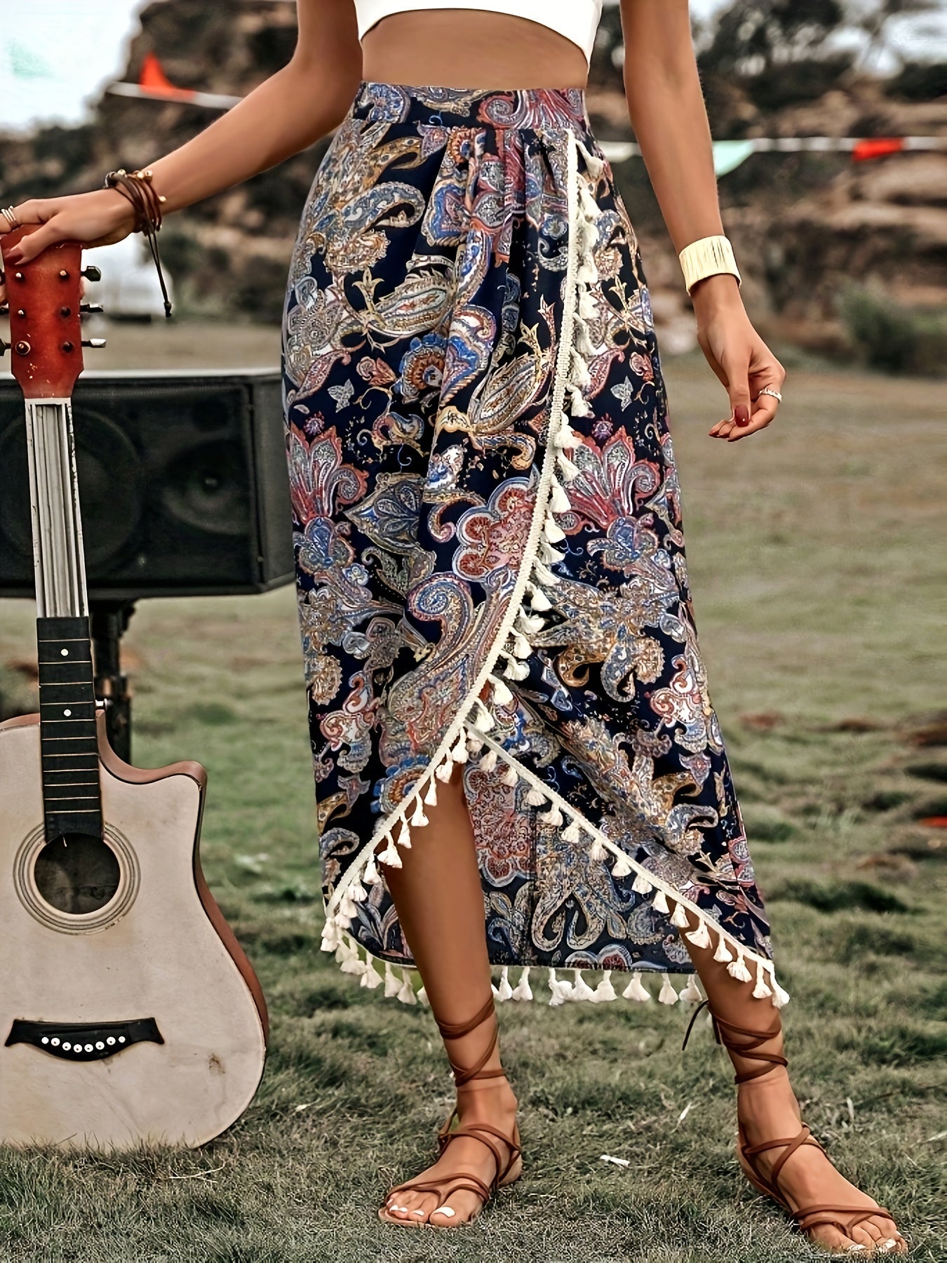 Damen Boho-Wickelrock mit Paisley-Muster und Quasten, Midi, Vintage-Stil, Elegant für Freizeit und Urlaub