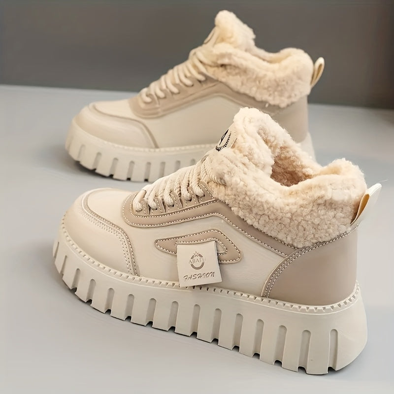 Damen Winter Sneaker High-Top mit dicker Sohle und Teddyfutter, Schwarz Beige