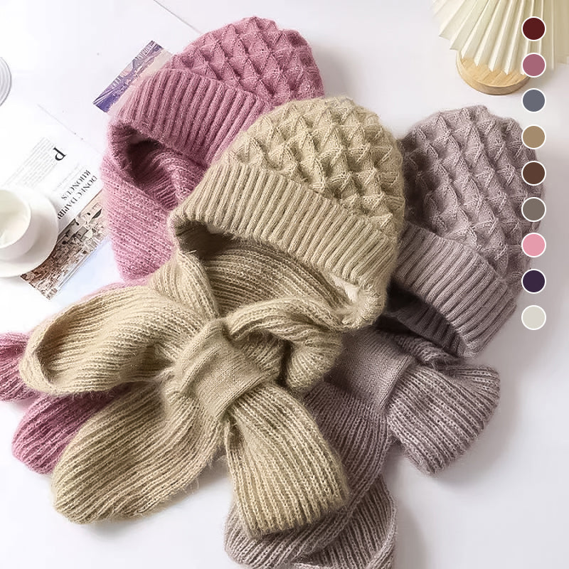 Winter-Mütze & Schal Set für Damen, Strick-Mütze mit Ohrenklappen und passender Schal