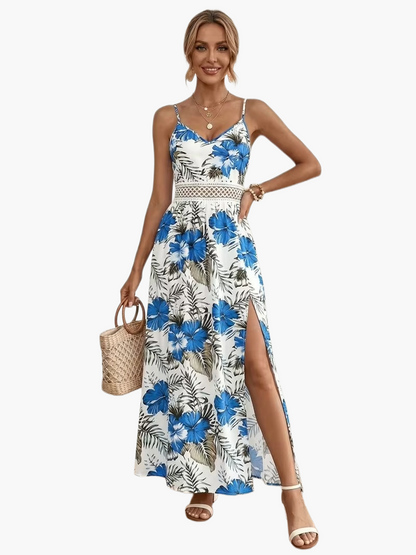 Damen Maxikleid mit tropischem Blumenmuster und Spitzendetail – Eleganter Sommer- und Urlaubsstil