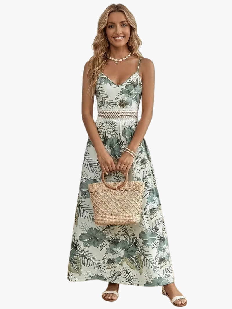 Damen Maxikleid mit tropischem Blumenmuster und Spitzendetail – Eleganter Sommer- und Urlaubsstil