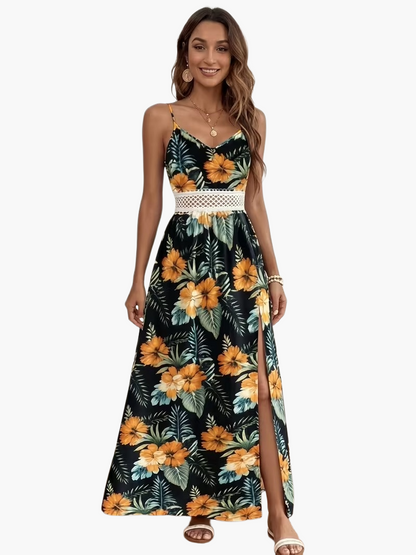 Damen Maxikleid mit tropischem Blumenmuster und Spitzendetail – Eleganter Sommer- und Urlaubsstil