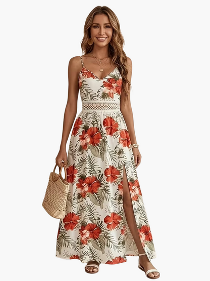 Damen Maxikleid mit tropischem Blumenmuster und Spitzendetail – Eleganter Sommer- und Urlaubsstil