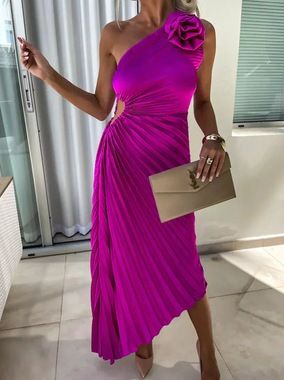 Damen One-Shoulder Plissee Cocktailkleid mit Blumenapplikation – Elegantes Abend- & Partykleid