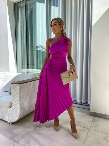 Damen One-Shoulder Plissee Cocktailkleid mit Blumenapplikation – Elegantes Abend- & Partykleid