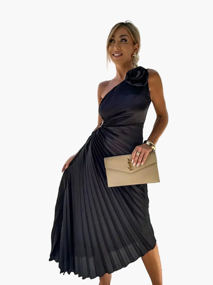 Damen One-Shoulder Plissee Cocktailkleid mit Blumenapplikation – Elegantes Abend- & Partykleid