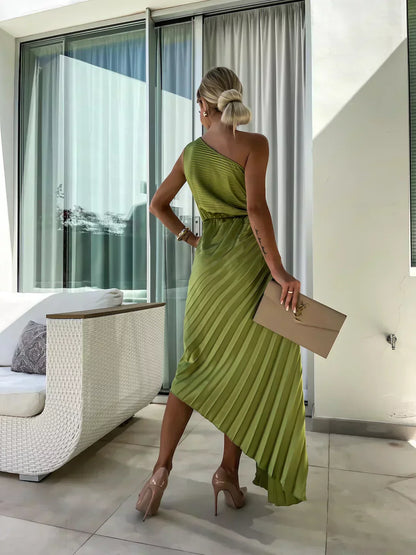 Damen One-Shoulder Plissee Cocktailkleid mit Blumenapplikation – Elegantes Abend- & Partykleid