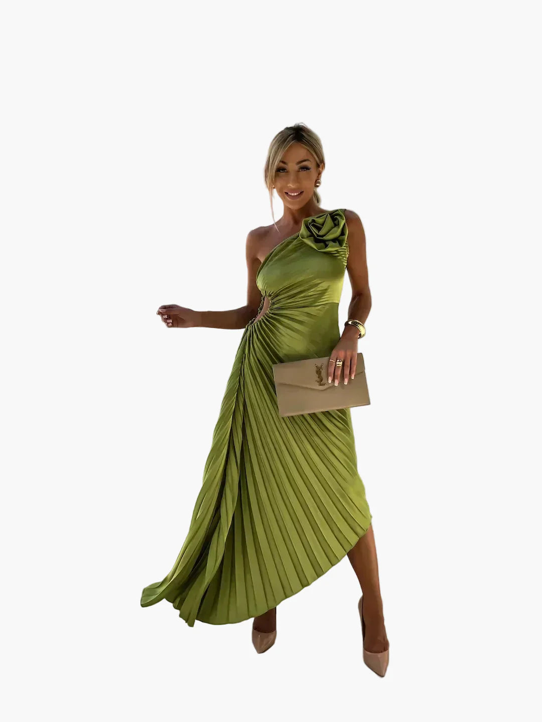 Damen One-Shoulder Plissee Cocktailkleid mit Blumenapplikation – Elegantes Abend- & Partykleid
