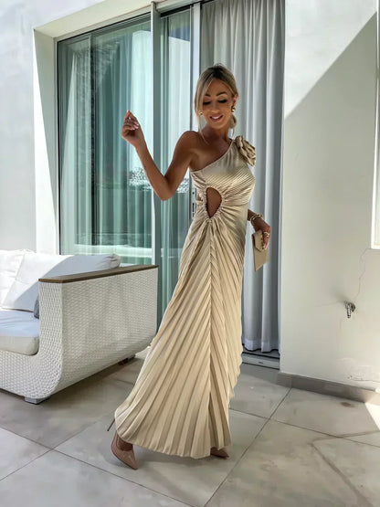 Damen One-Shoulder Plissee Cocktailkleid mit Blumenapplikation – Elegantes Abend- & Partykleid