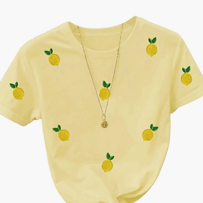 Damen T-Shirt mit Zitronenstickerei – Verspieltes Casual Shirt mit echter Stickerei