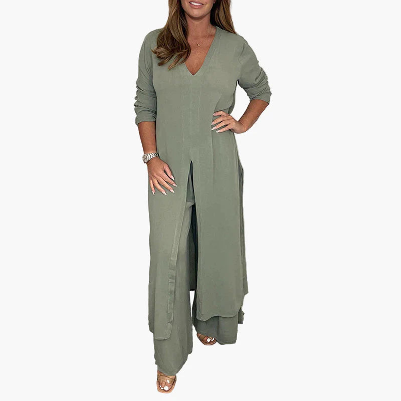 Damen Zweiteiliges Freizeitanzug Set – Eleganter Langer Blazer & Weite Hose für Alltag und besondere Anlässe