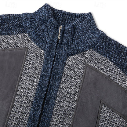 Herren Strickjacke Reißverschluss Stehkragen Patchwork Muster
