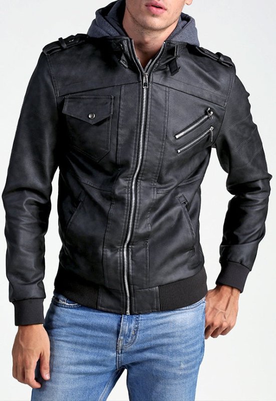 Herren Lederjacke mit Kapuzen-Design