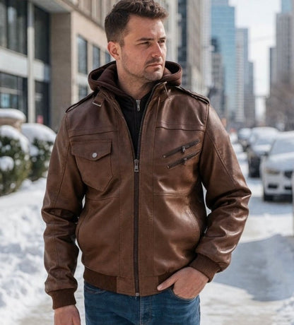 Herren Lederjacke mit Kapuzen-Design