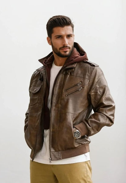Herren Lederjacke mit Kapuzen-Design