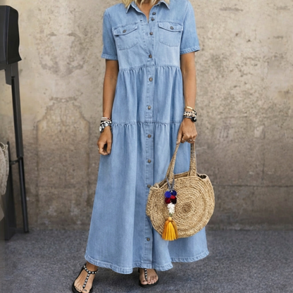 Damen Jeans Maxikleid mit Knöpfen & Stufenrock, Kurzarm
