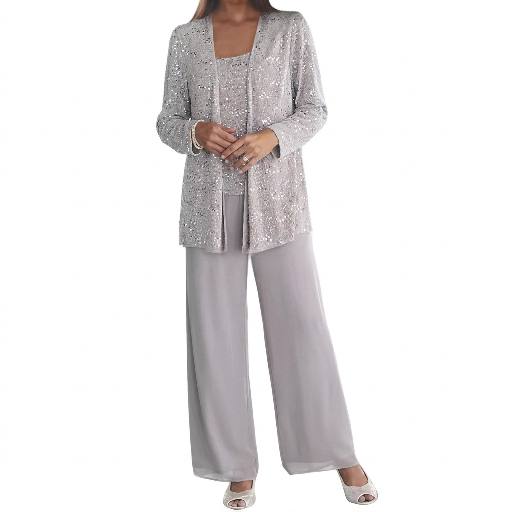 Damen Pailletten Zweiteiler Set mit weiter Hose und offenem Cardigan