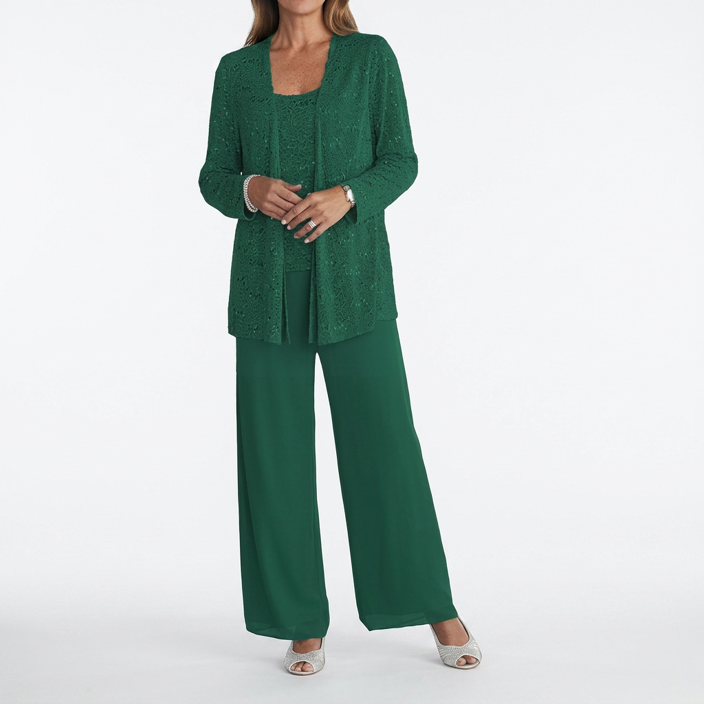 Damen Pailletten Zweiteiler Set mit weiter Hose und offenem Cardigan