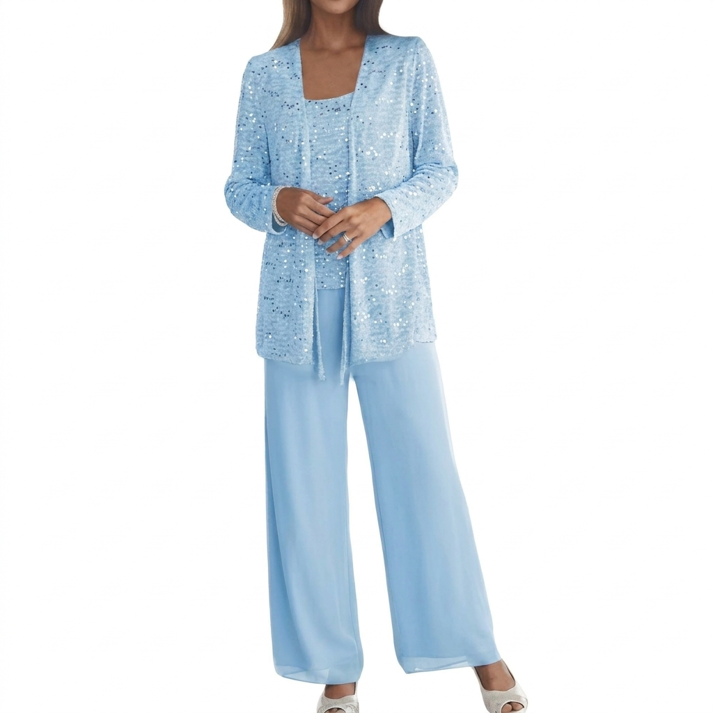 Damen Pailletten Zweiteiler Set mit weiter Hose und offenem Cardigan