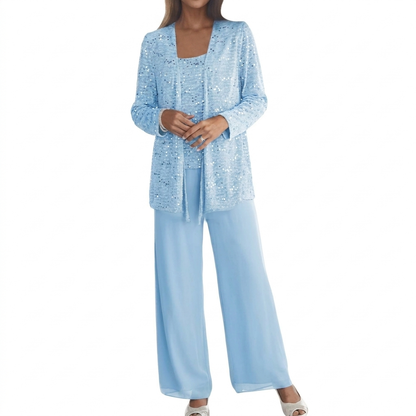 Damen Pailletten Zweiteiler Set mit weiter Hose und offenem Cardigan