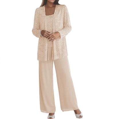 Damen Pailletten Zweiteiler Set mit weiter Hose und offenem Cardigan