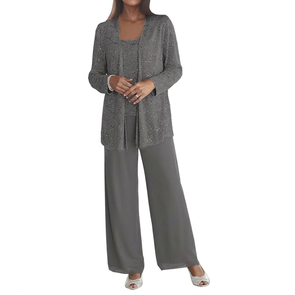 Damen Pailletten Zweiteiler Set mit weiter Hose und offenem Cardigan
