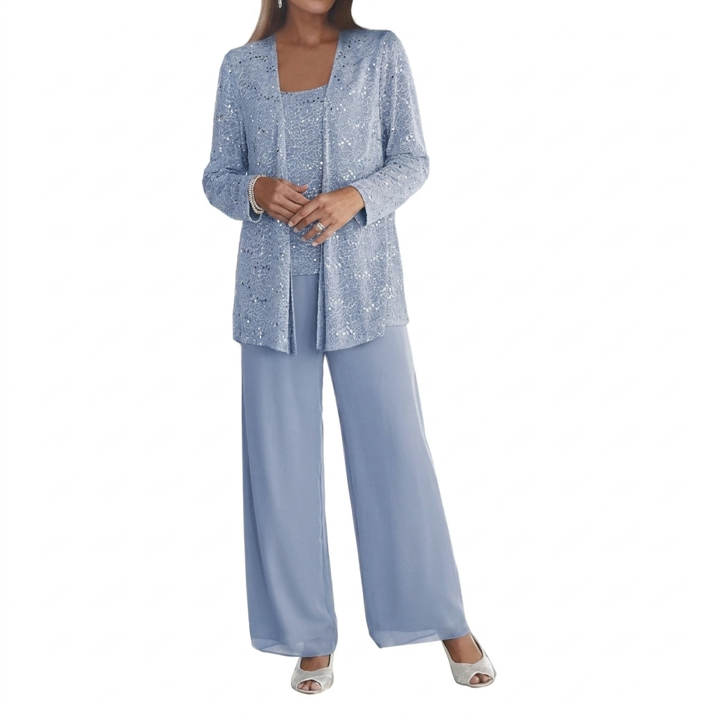 Damen Pailletten Zweiteiler Set mit weiter Hose und offenem Cardigan