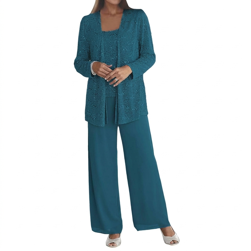 Damen Pailletten Zweiteiler Set mit weiter Hose und offenem Cardigan