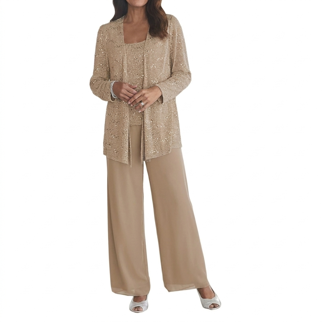 Damen Pailletten Zweiteiler Set mit weiter Hose und offenem Cardigan