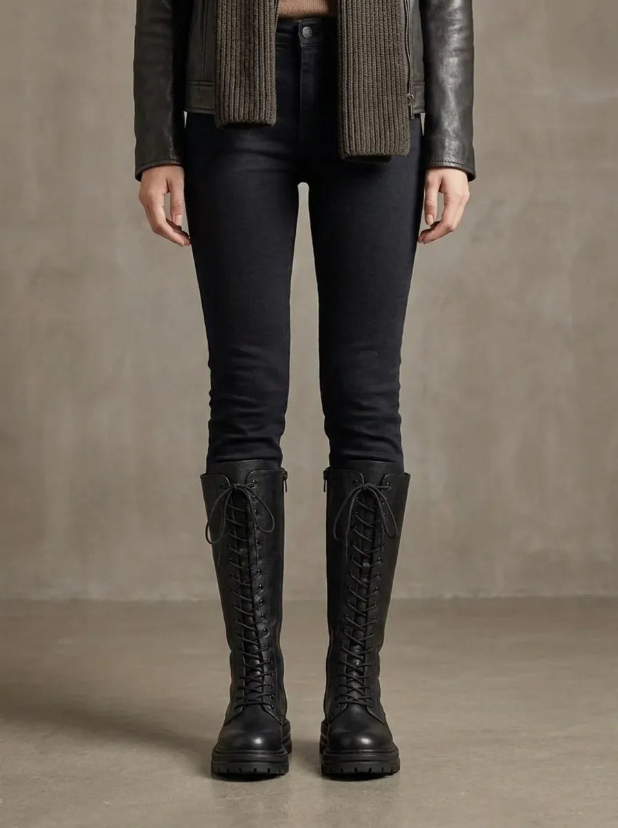 Schwarze kniehohe Schnürstiefel mit Profilsohle für Damen