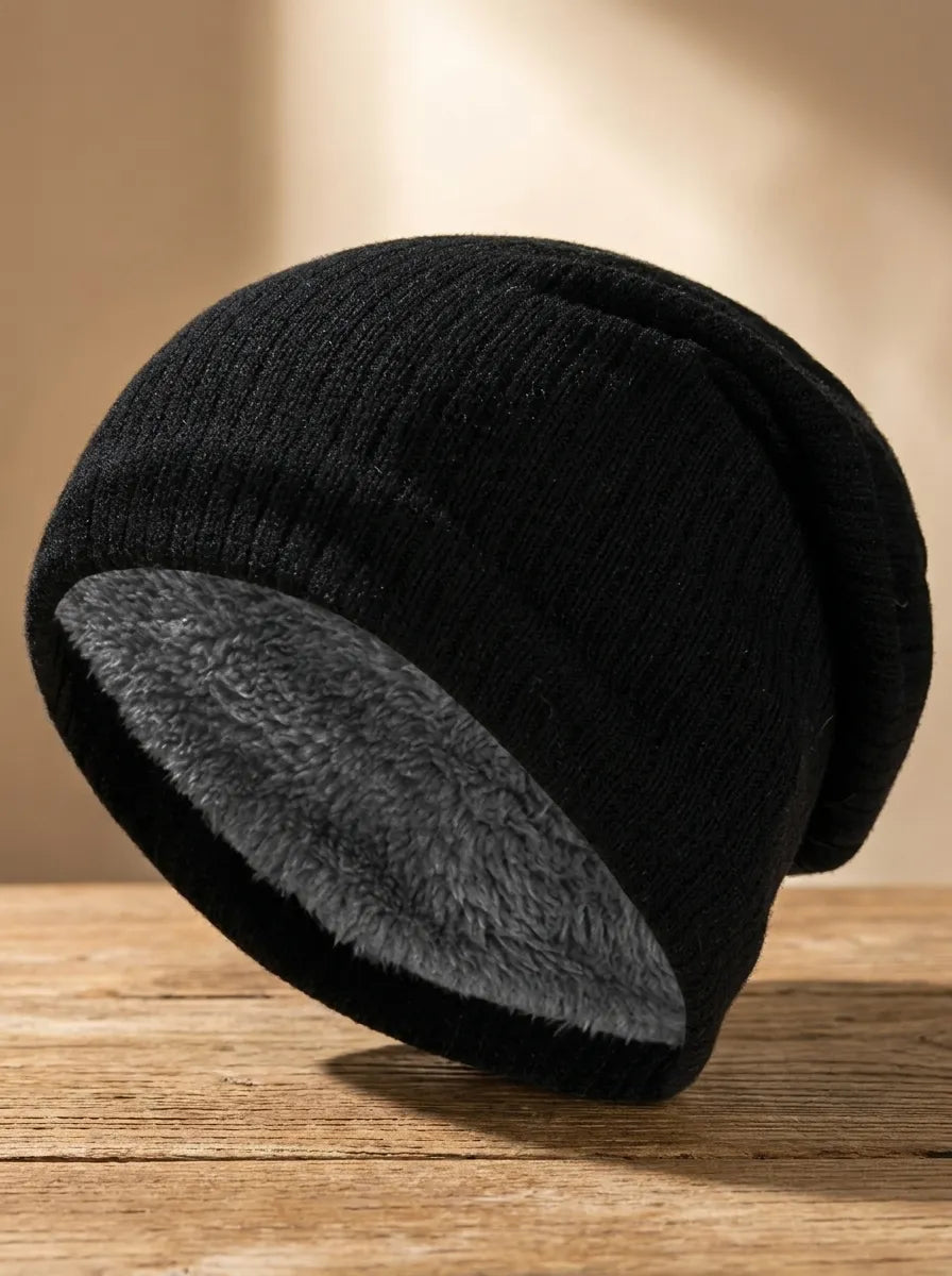 Unisex Mütze Rippstrick Warm Futter Schwarz Grau Rot Blau