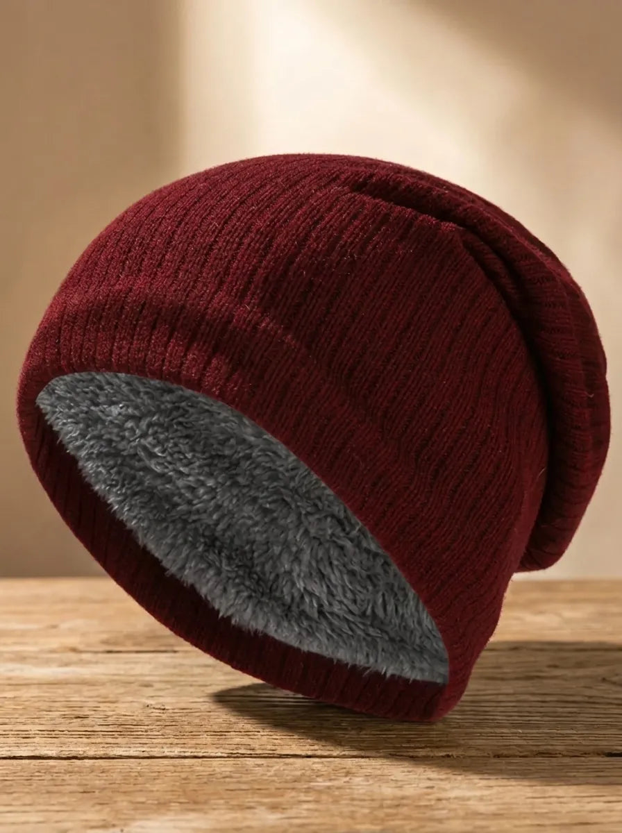 Unisex Mütze Rippstrick Warm Futter Schwarz Grau Rot Blau