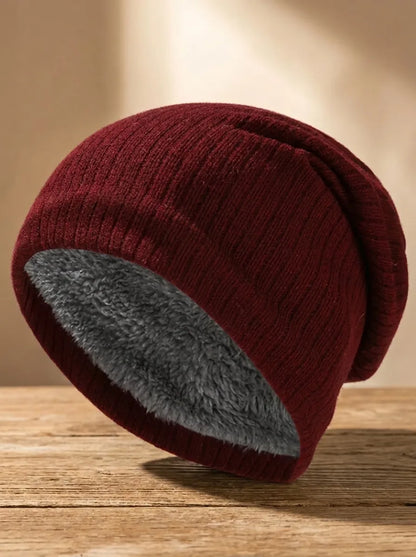 Unisex Mütze Rippstrick Warm Futter Schwarz Grau Rot Blau