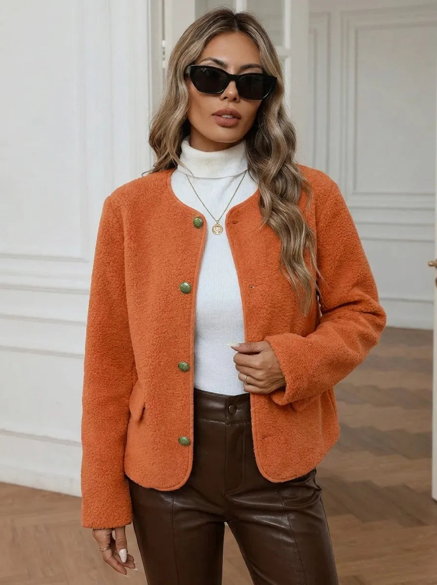 Damen Kurzjacke Rundhals Langarm mit Knopfleiste Orange