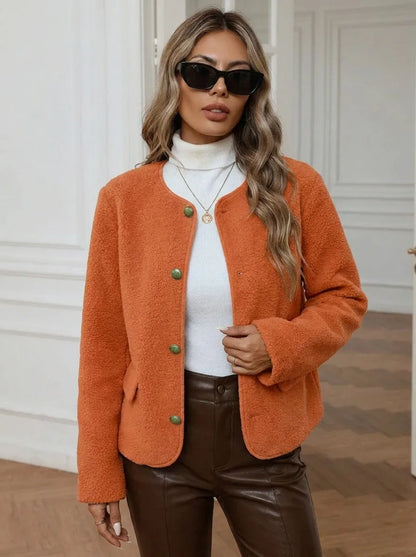 Damen Kurzjacke Rundhals Langarm mit Knopfleiste Orange