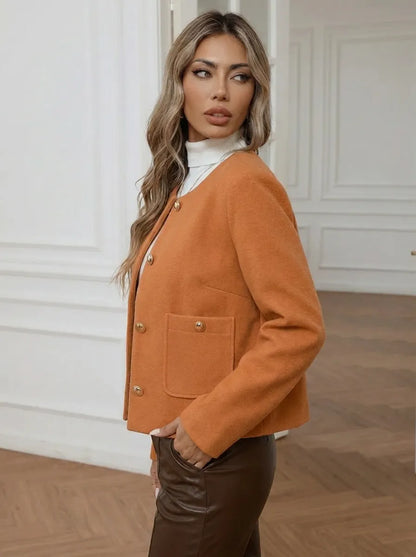 Damen Kurzjacke Rundhals Langarm mit Knopfleiste Orange