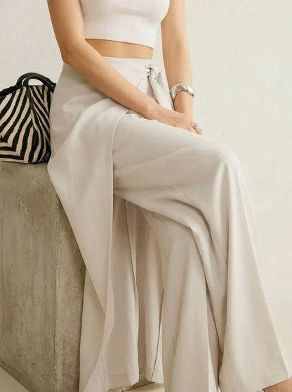 Damen Weite Hose mit Wickeldetail und Bindegürtel Apricot