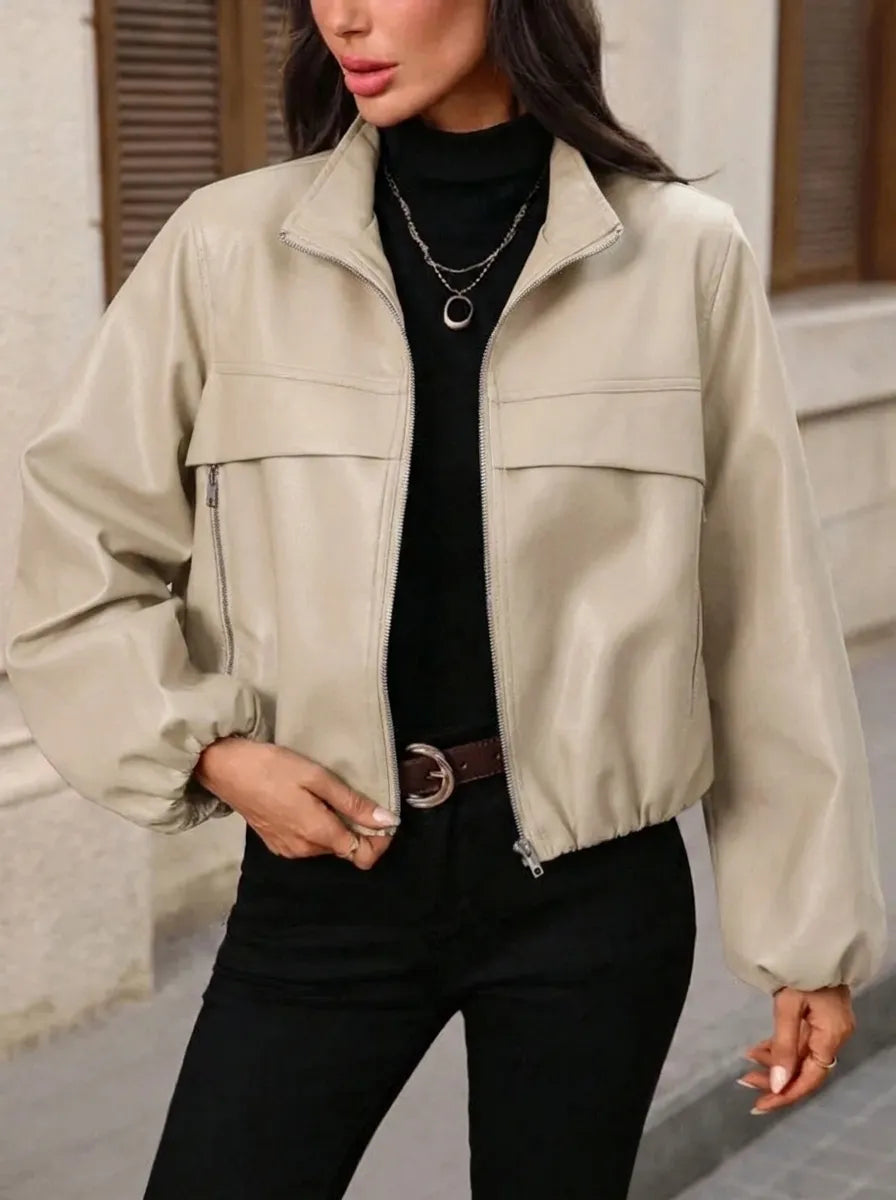 Damen Bomberjacke aus Kunstleder mit Reißverschluss Stehkragen & Taschen