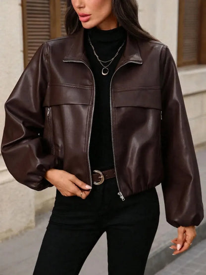Damen Bomberjacke aus Kunstleder mit Reißverschluss Stehkragen & Taschen