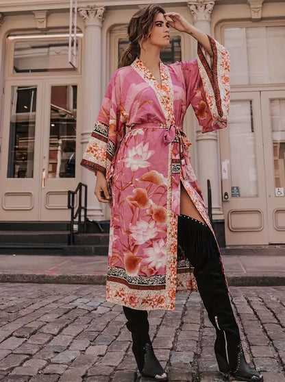 Damen Kimono-Robe mit Blumenmuster und Bindegürtel, V-Ausschnitt, lange Ärmel