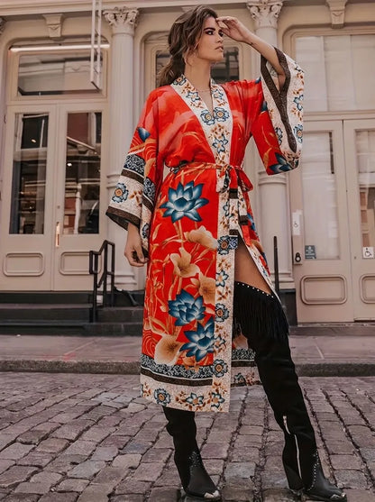 Damen Kimono-Robe mit Blumenmuster und Bindegürtel, V-Ausschnitt, lange Ärmel