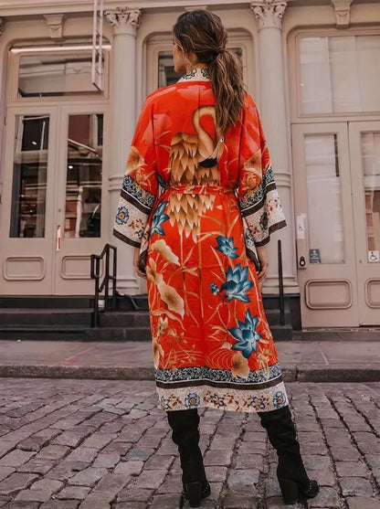 Damen Kimono-Robe mit Blumenmuster und Bindegürtel, V-Ausschnitt, lange Ärmel