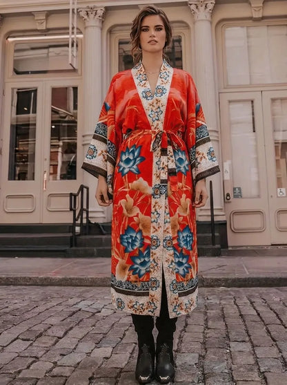 Damen Kimono-Robe mit Blumenmuster und Bindegürtel, V-Ausschnitt, lange Ärmel