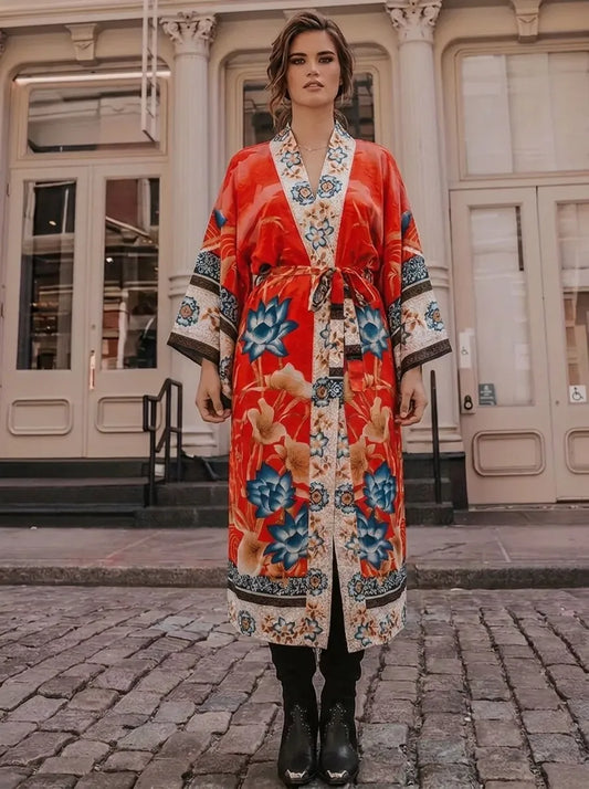 Damen Kimono-Robe mit Blumenmuster und Bindegürtel, V-Ausschnitt, lange Ärmel