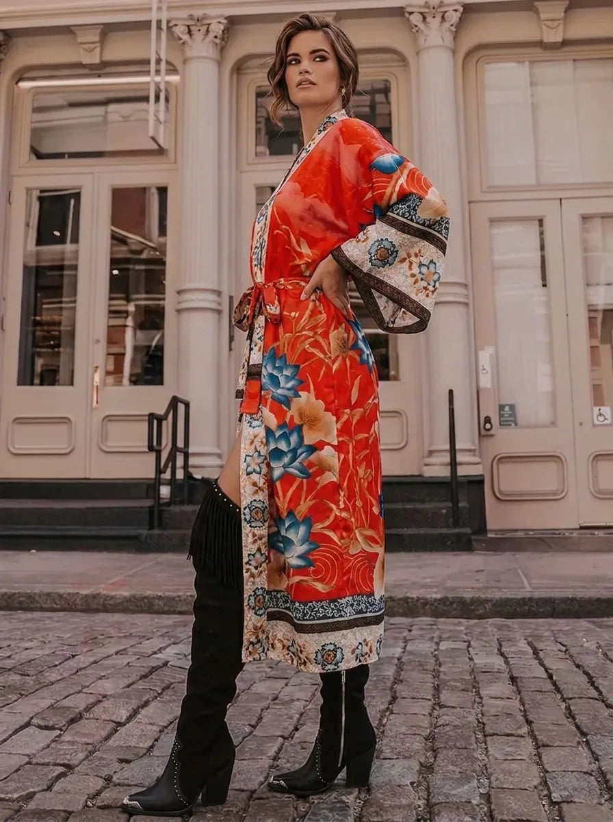 Damen Kimono-Robe mit Blumenmuster und Bindegürtel, V-Ausschnitt, lange Ärmel