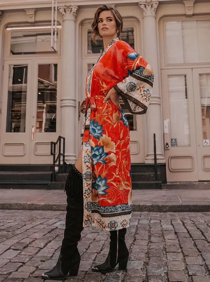 Damen Kimono-Robe mit Blumenmuster und Bindegürtel, V-Ausschnitt, lange Ärmel