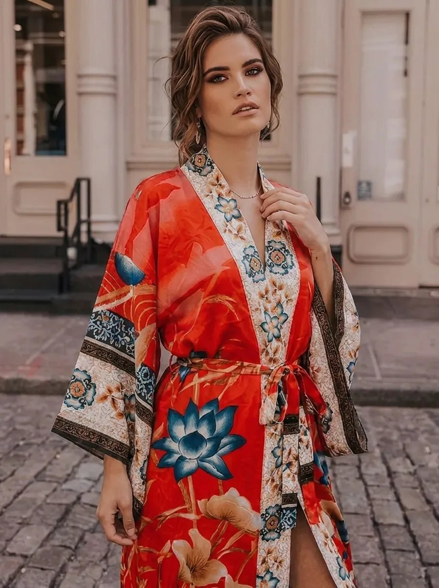 Damen Kimono-Robe mit Blumenmuster und Bindegürtel, V-Ausschnitt, lange Ärmel