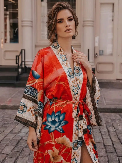 Damen Kimono-Robe mit Blumenmuster und Bindegürtel, V-Ausschnitt, lange Ärmel