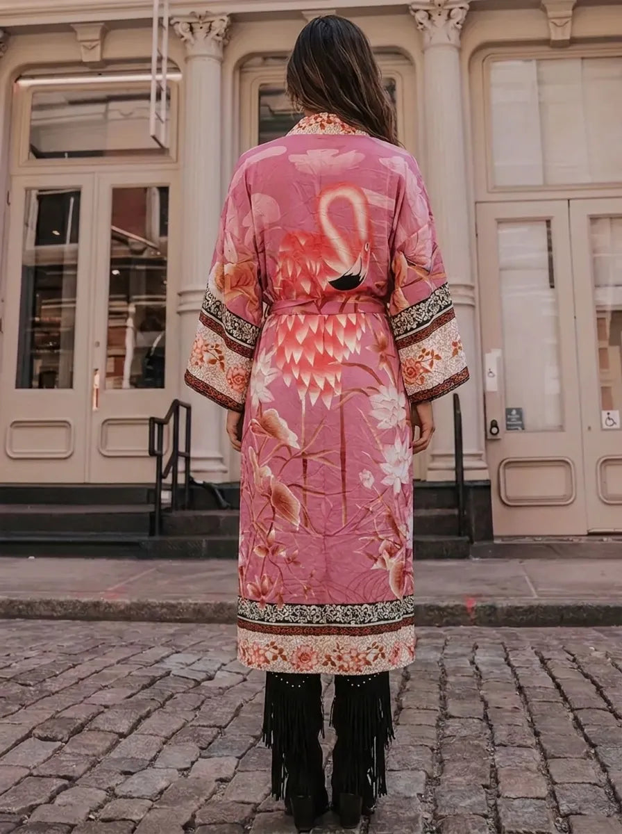 Damen Kimono-Robe mit Blumenmuster und Bindegürtel, V-Ausschnitt, lange Ärmel