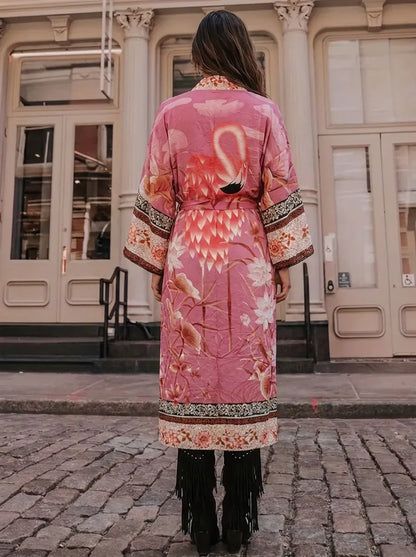 Damen Kimono-Robe mit Blumenmuster und Bindegürtel, V-Ausschnitt, lange Ärmel